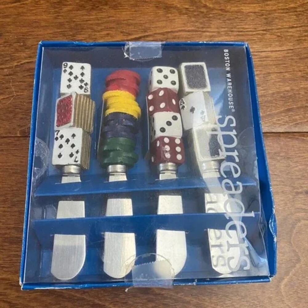 BOSTON WAREHOUSE Casino Night Poker Spreaders Set of 4 Dice Chips Cards